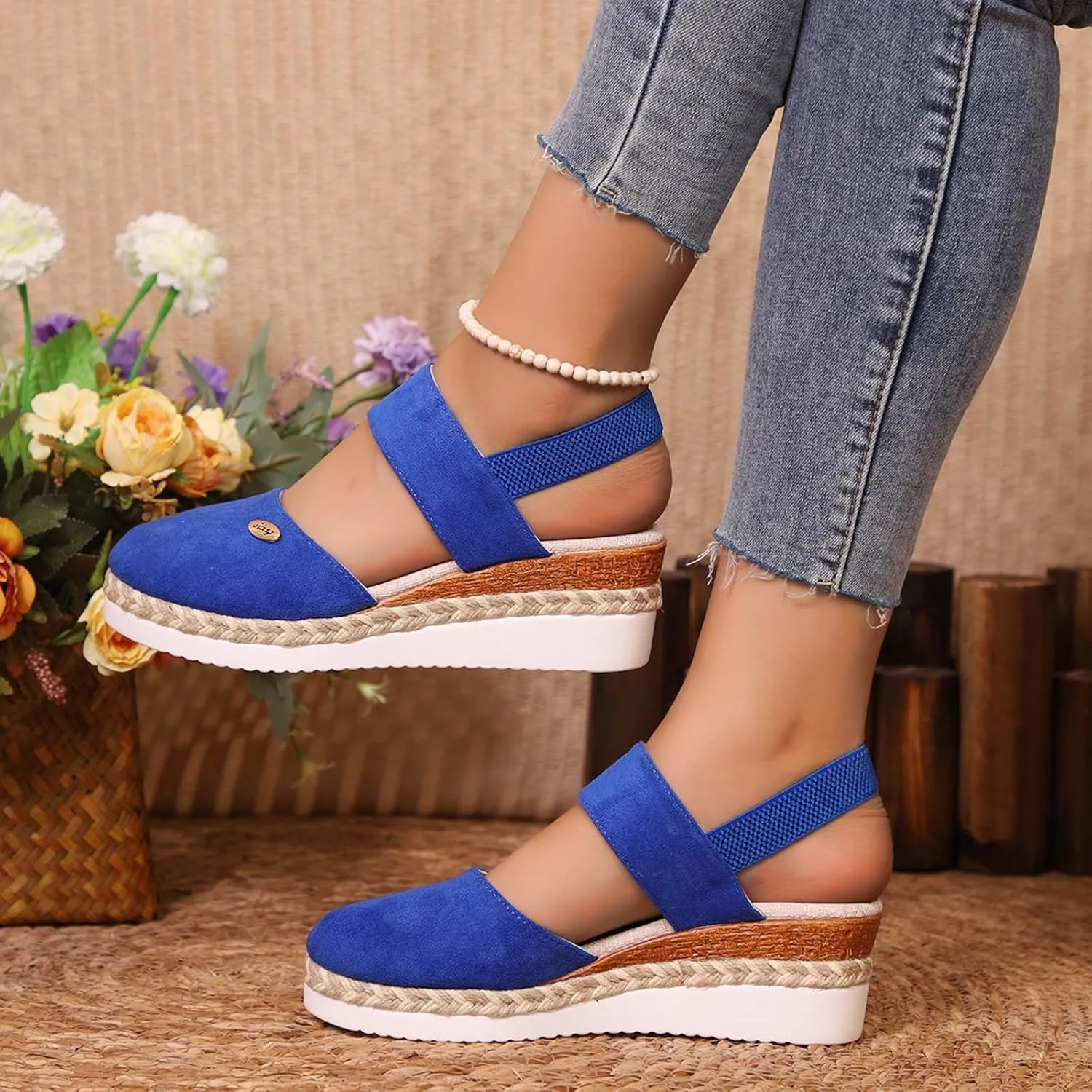 Closed Toe Sandals Women Fashion Woven Espadrilles Shoes Comfortable Platform Wedge Sandals Adjustable Buckle Ankle Strap Shoes Anti Slip Summer Footwear