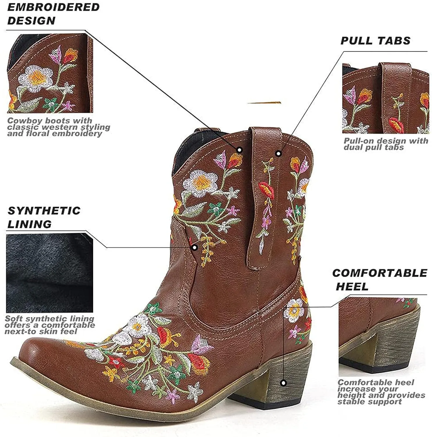 Cowboy Boots for Women Cowgirl Boots Wide Calf Chunky Heel Low Heel Pointed Toe Fashion Embroidered Pull on Boots