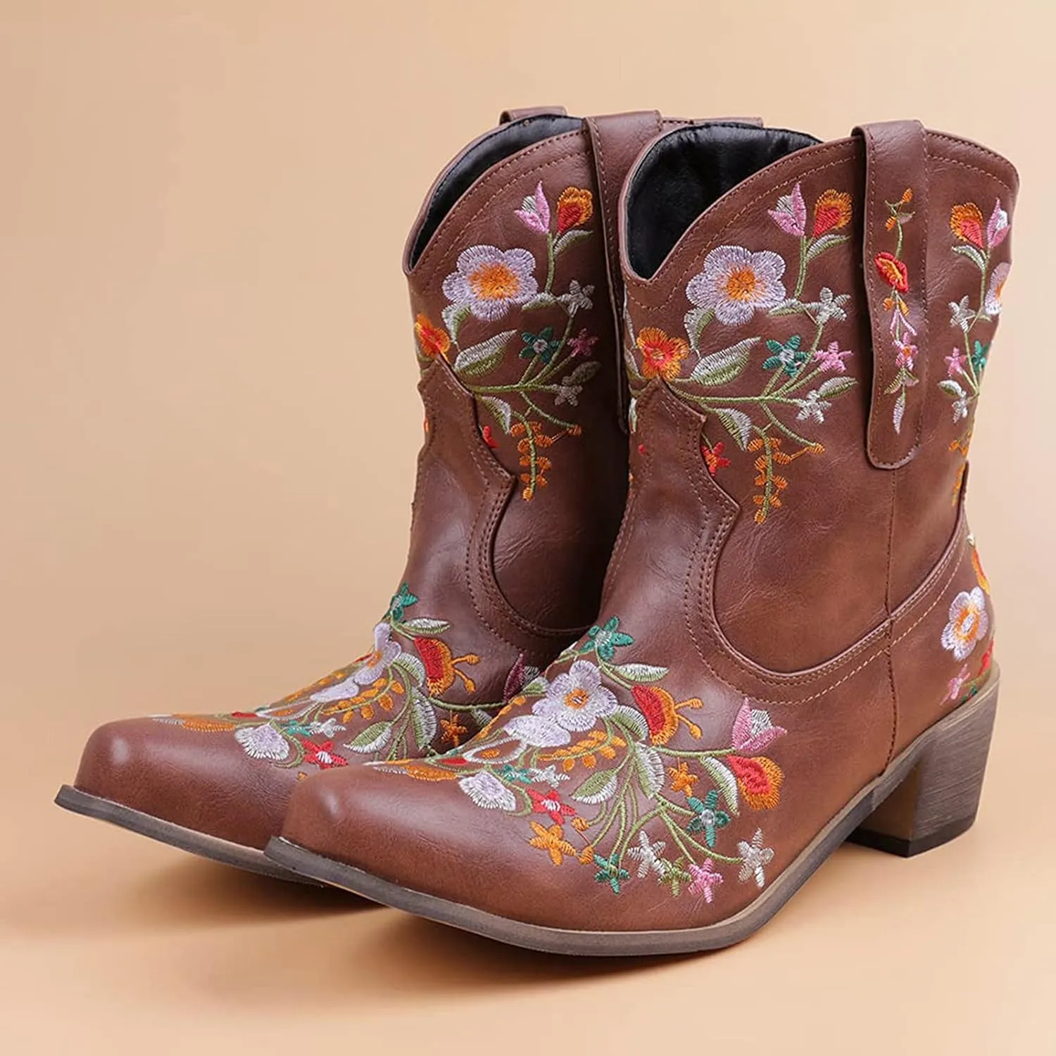 Cowboy Boots for Women Cowgirl Boots Wide Calf Chunky Heel Low Heel Pointed Toe Fashion Embroidered Pull on Boots