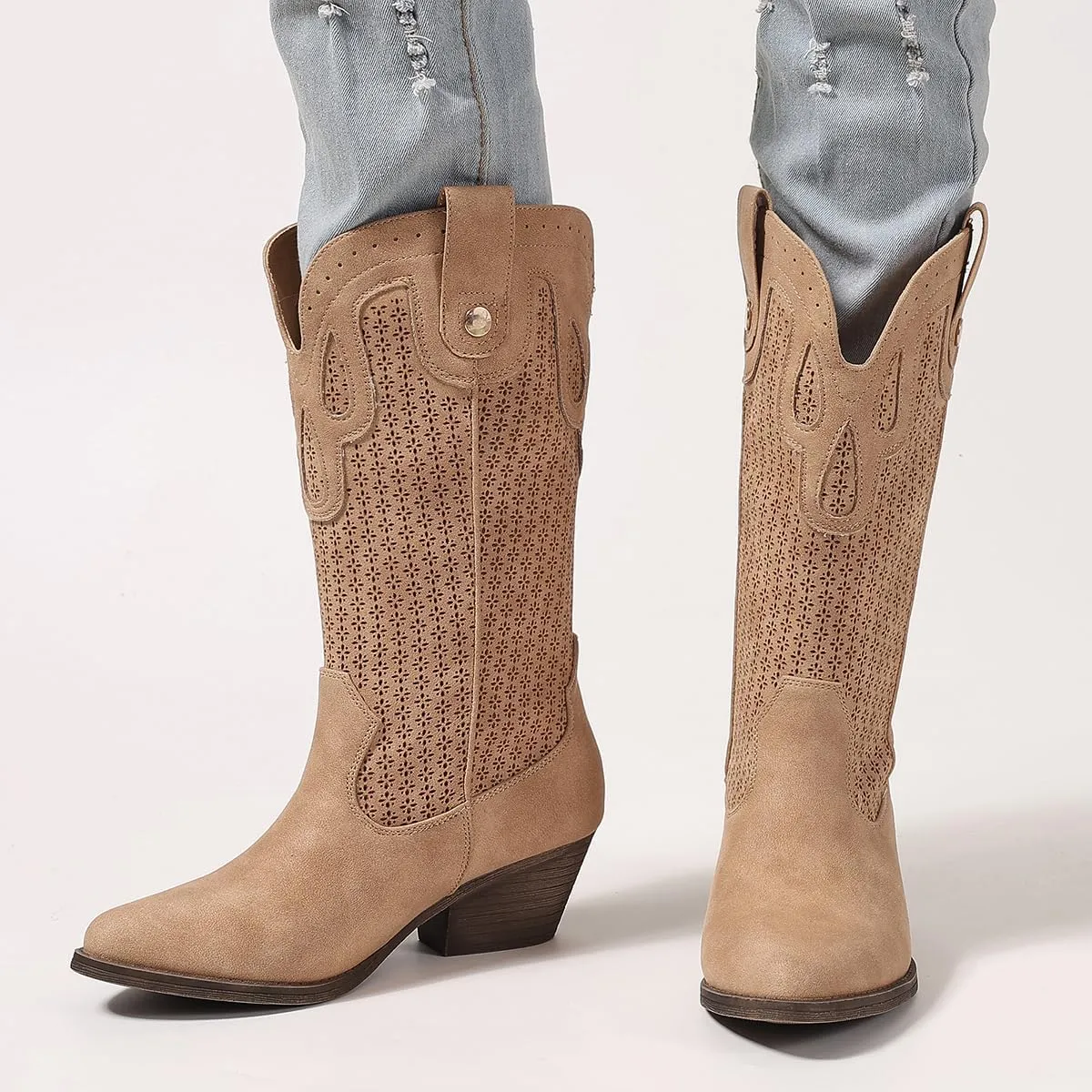 Cowboy Boots for Women Cowgirl Western Boots Pointed Toe Low Heel Girls Ladies Chunky Heeled Wide Calf Boot for Casual Dressy