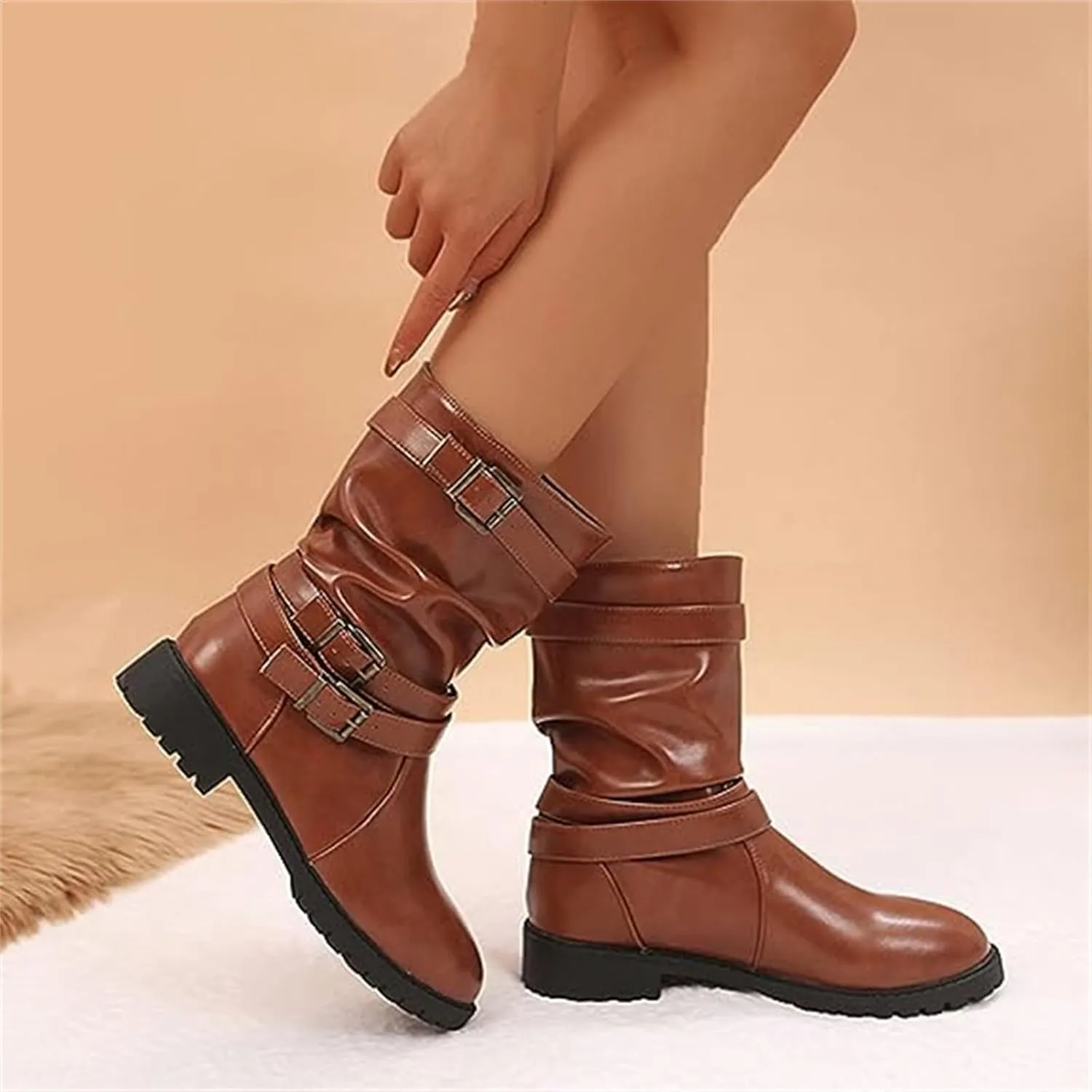 Cowgirl Boots Wide Calf Women's Combat boots Mid Calf Low Heel Motorcycle Riding Military Biker Fashion Ankle booties