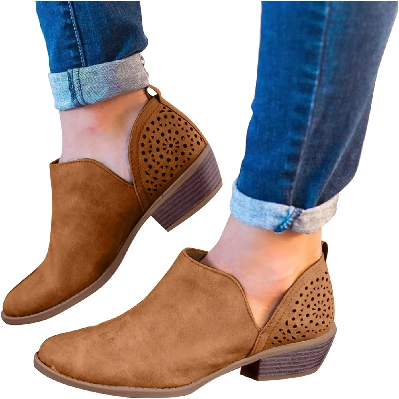 Cowgirl Boots Women with Heel Wedges Ankle Booties Retro V Cutout Comfy Short Boots Flock Zip Closure Stacked Chunky Block Heels Shoes 52