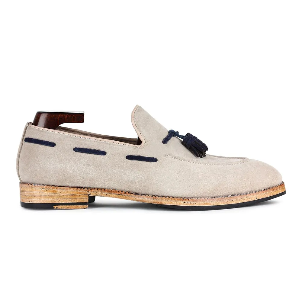 Cream Suede With Blue Tassel Classic Loafers