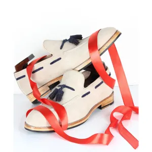 Cream Suede With Blue Tassel Classic Loafers