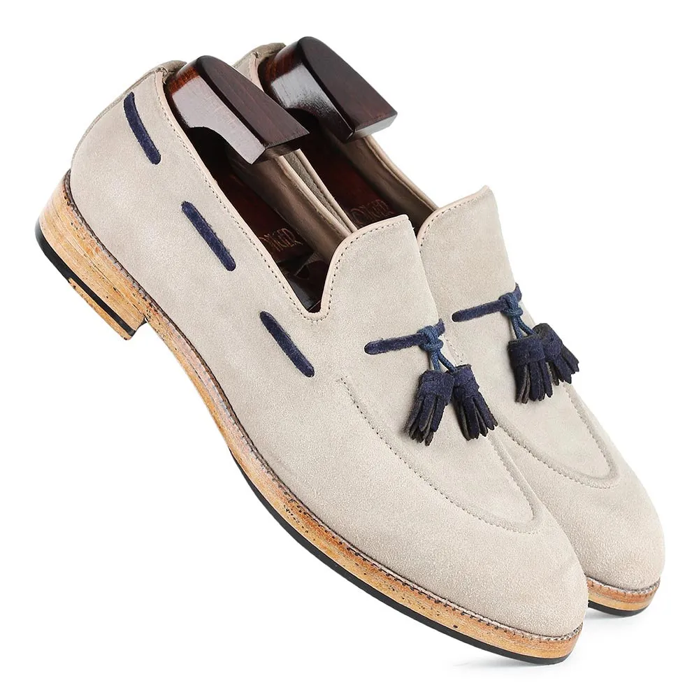 Cream Suede With Blue Tassel Classic Loafers