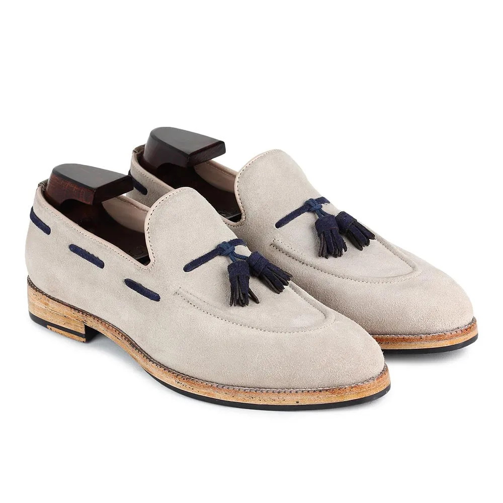 Cream Suede With Blue Tassel Classic Loafers
