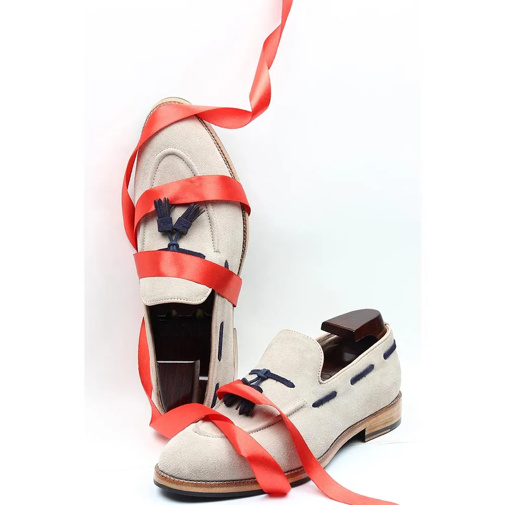 Cream Suede With Blue Tassel Classic Loafers