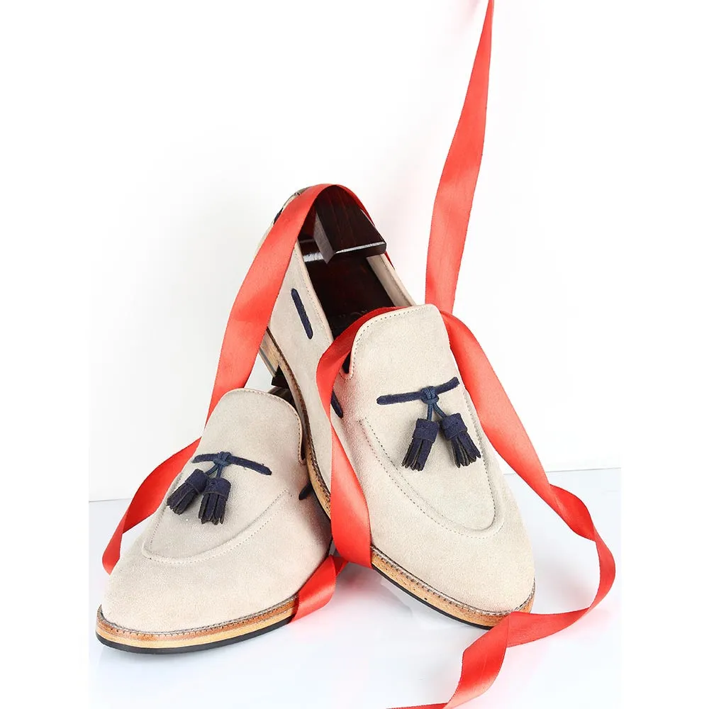Cream Suede With Blue Tassel Classic Loafers