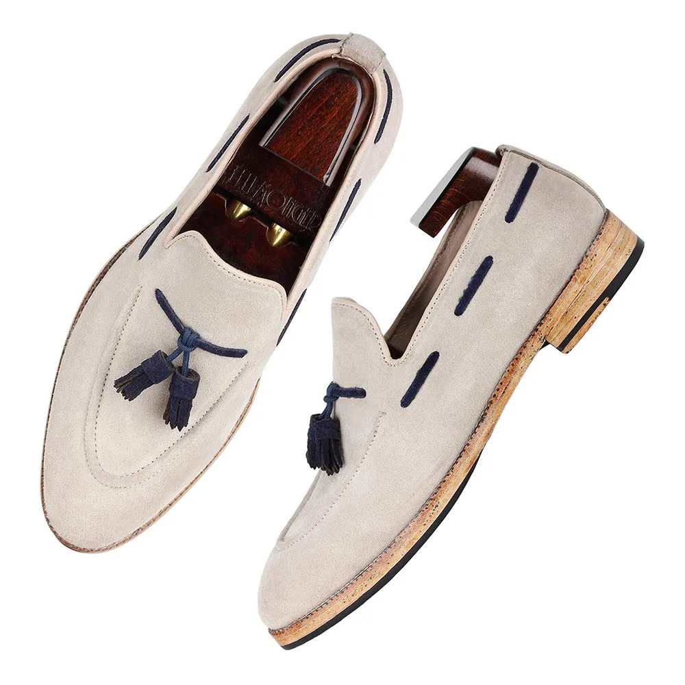 Cream Suede With Blue Tassel Classic Loafers