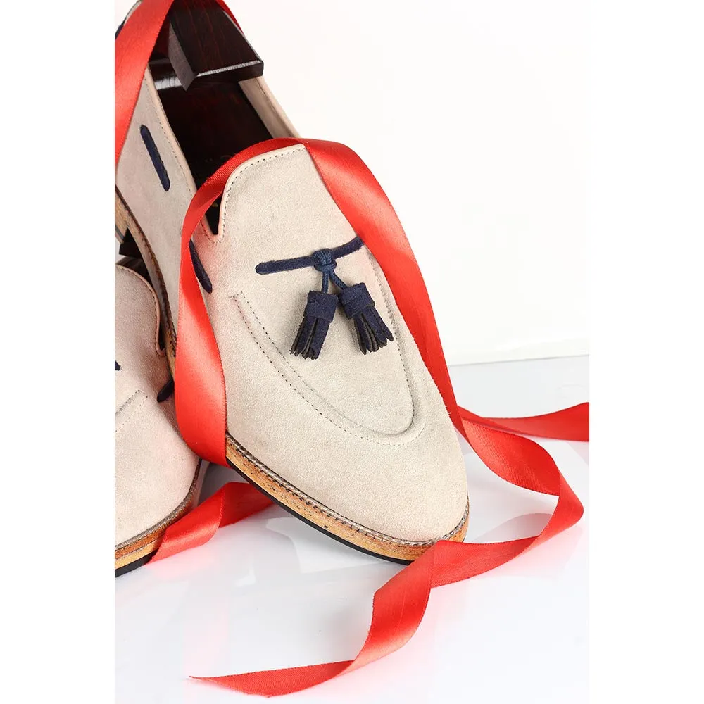 Cream Suede With Blue Tassel Classic Loafers