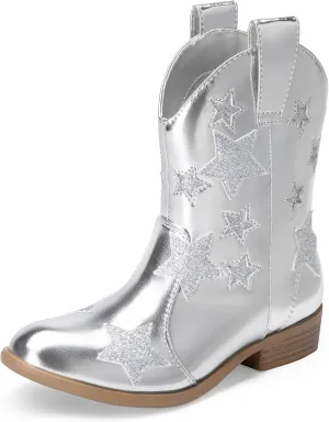 DREAM PAIRS Girls Cowgirl Boots Mid Calf Glitter Cowboy Western Boots Toddler Girls Star Riding Shoes