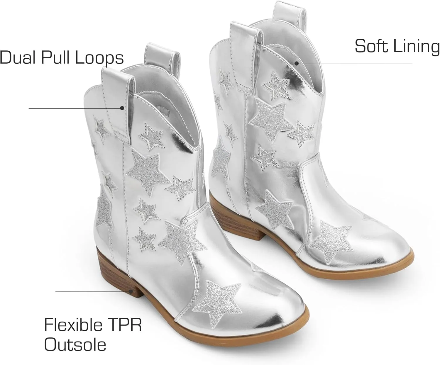 DREAM PAIRS Girls Cowgirl Boots Mid Calf Glitter Cowboy Western Boots Toddler Girls Star Riding Shoes