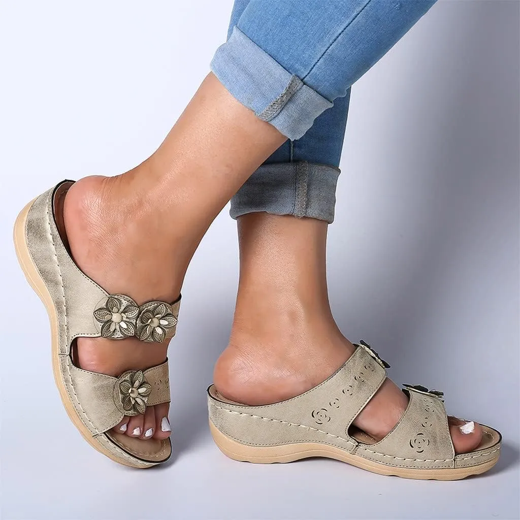 Eduavar Orthopedic Sandals for Women, Womens Sandals Comfortable Wedge Sandals Slip On Floral Open Toe Platform Sandals