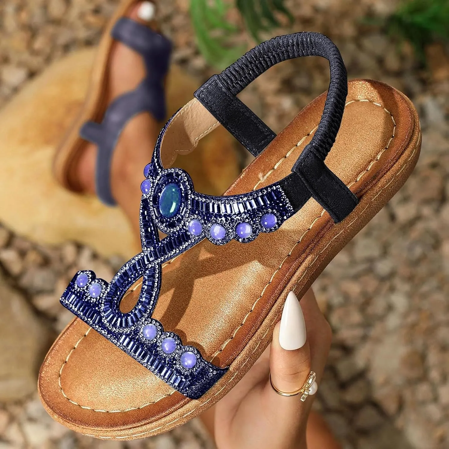 Eduavar Sandals for Women 2025 Casual Comfortable Open Toe Walking Dressy Rhinestone Summer Sandals Sparkly Orthopedic Shoes