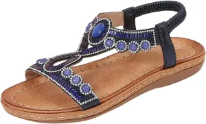 Eduavar Sandals for Women 2025 Casual Comfortable Open Toe Walking Dressy Rhinestone Summer Sandals Sparkly Orthopedic Shoes