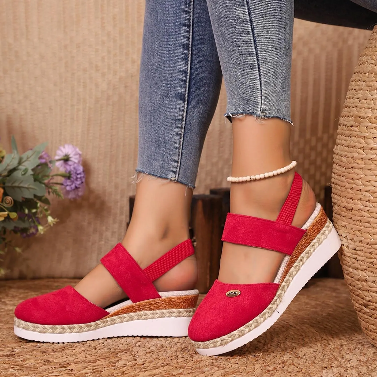 Eduavar Womens Sandals Casual Espadrille Wedge Heel Sandals with Buckle Ankle Strap Close Toe Dressy Summer Platform Shoes