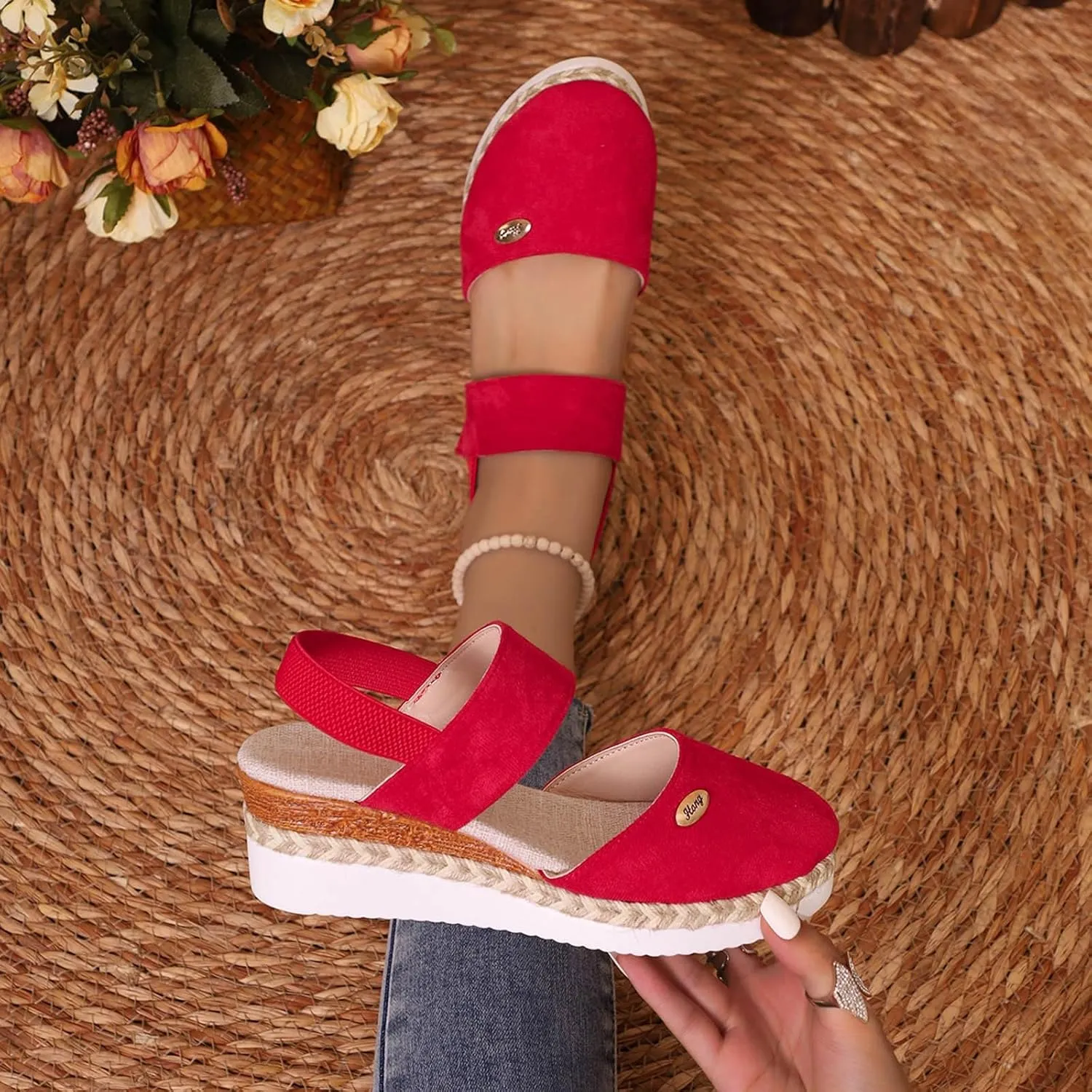 Eduavar Womens Sandals Casual Espadrille Wedge Heel Sandals with Buckle Ankle Strap Close Toe Dressy Summer Platform Shoes