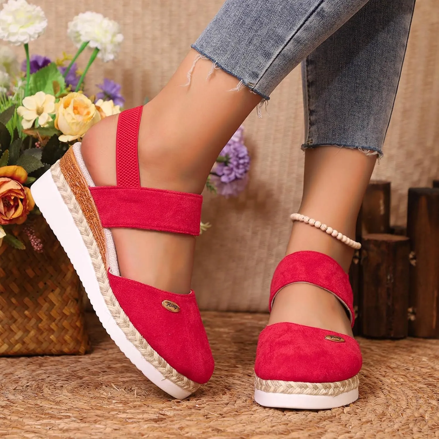 Eduavar Womens Sandals Casual Espadrille Wedge Heel Sandals with Buckle Ankle Strap Close Toe Dressy Summer Platform Shoes