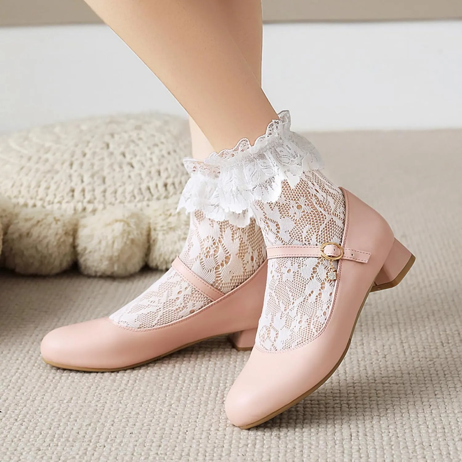 Gicoiz Round Toe Mary Jane Womens Girls Block Mid Heels Court Shoes