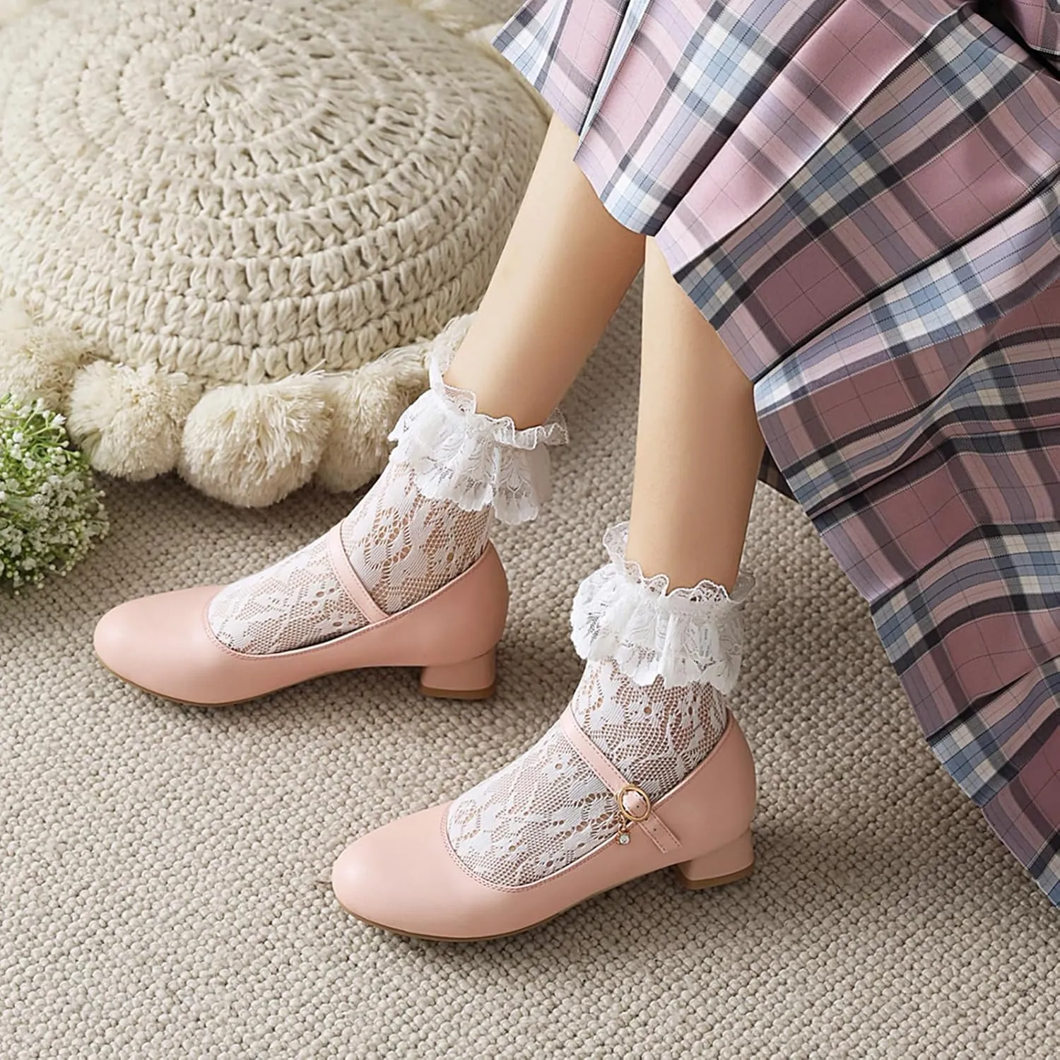 Gicoiz Round Toe Mary Jane Womens Girls Block Mid Heels Court Shoes
