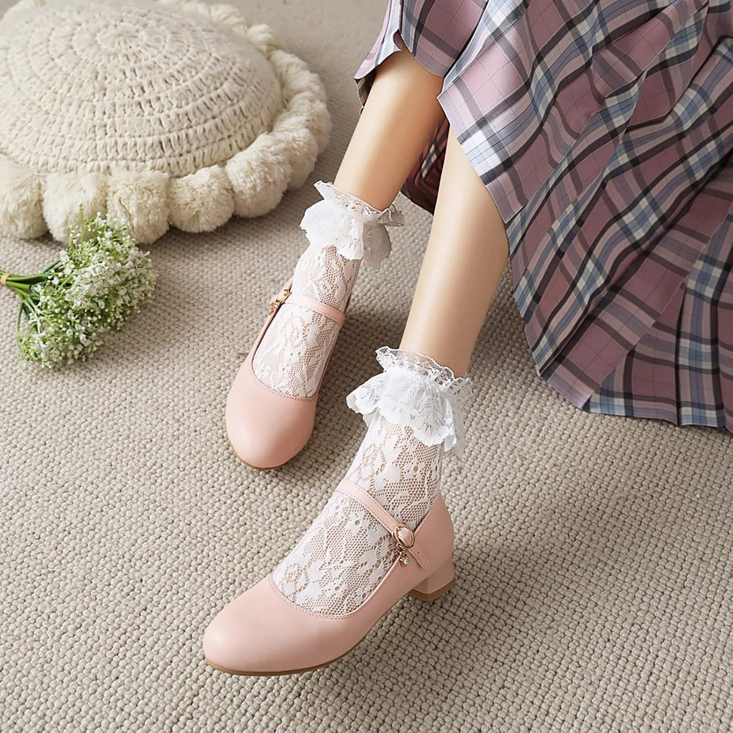 Gicoiz Round Toe Mary Jane Womens Girls Block Mid Heels Court Shoes