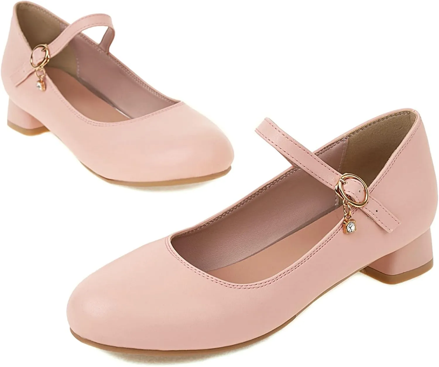 Gicoiz Round Toe Mary Jane Womens Girls Block Mid Heels Court Shoes
