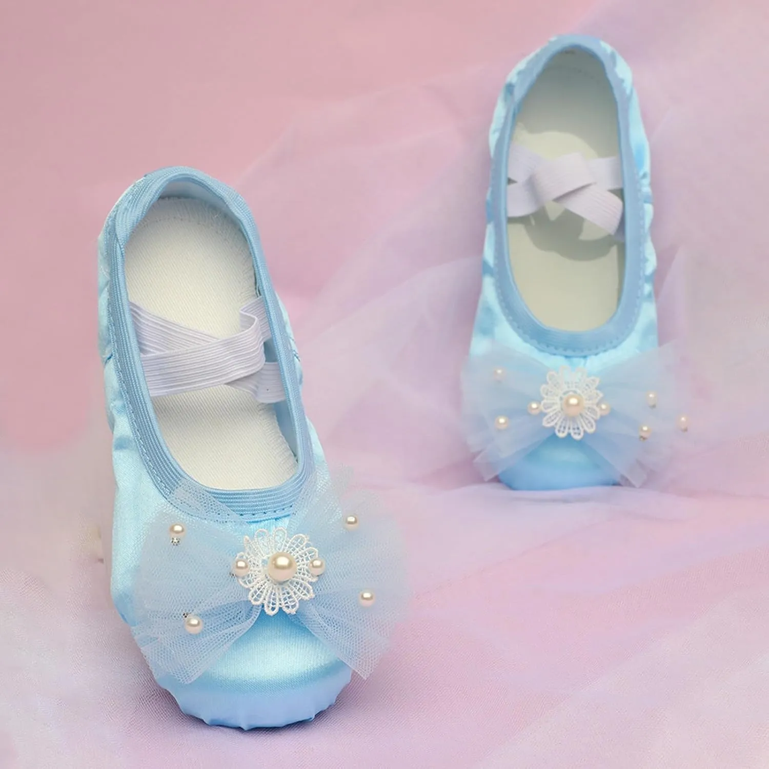 Girls Ballet Shoes Elegant Pearl Floral Lace Bowknot Dance Slippers Toddler Kids Indoor Yoga Dancing Practice Shoes