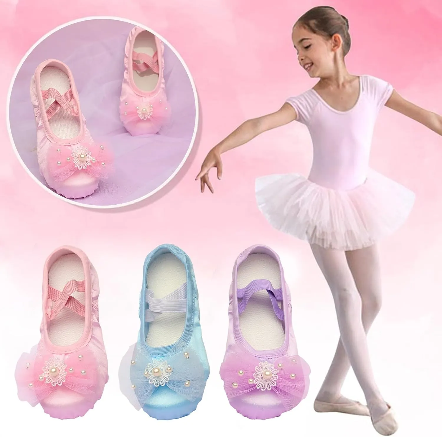 Girls Ballet Shoes Elegant Pearl Floral Lace Bowknot Dance Slippers Toddler Kids Indoor Yoga Dancing Practice Shoes