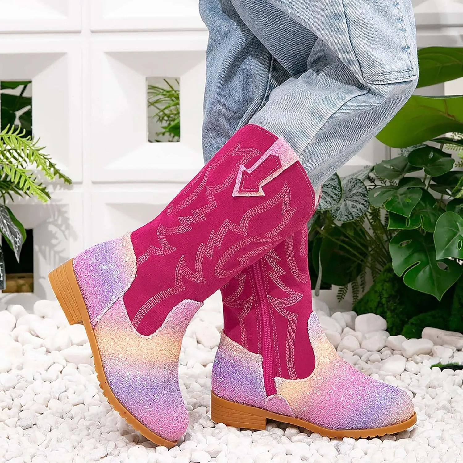 Girls Cowboy Boots Kids Toddler Glitter Western Cowgirl Boots Trendy Mid Calf Zipper Color Block Sparkly Riding Shoes