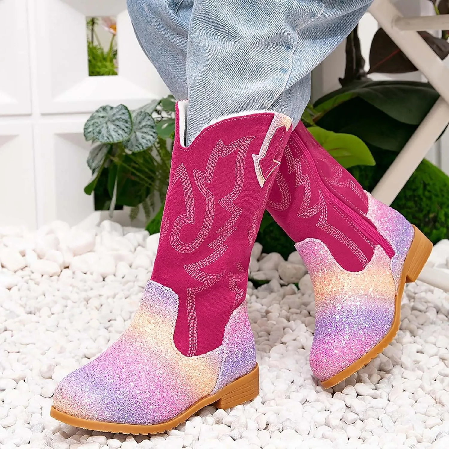 Girls Cowboy Boots Kids Toddler Glitter Western Cowgirl Boots Trendy Mid Calf Zipper Color Block Sparkly Riding Shoes