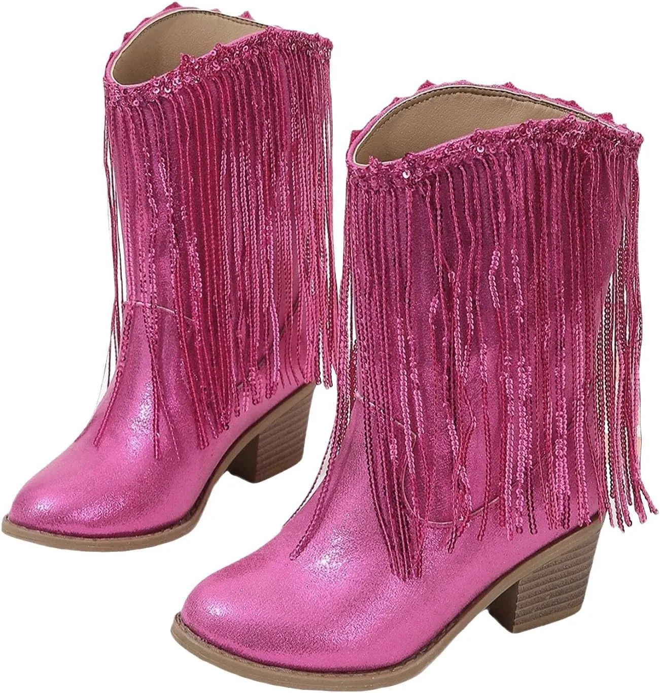 Girls Cowboy Boots Leather Riding Shoes Kids Fashion Mid Calf Sparkly Sequins Tassel Western Cowboy Boots with Heel
