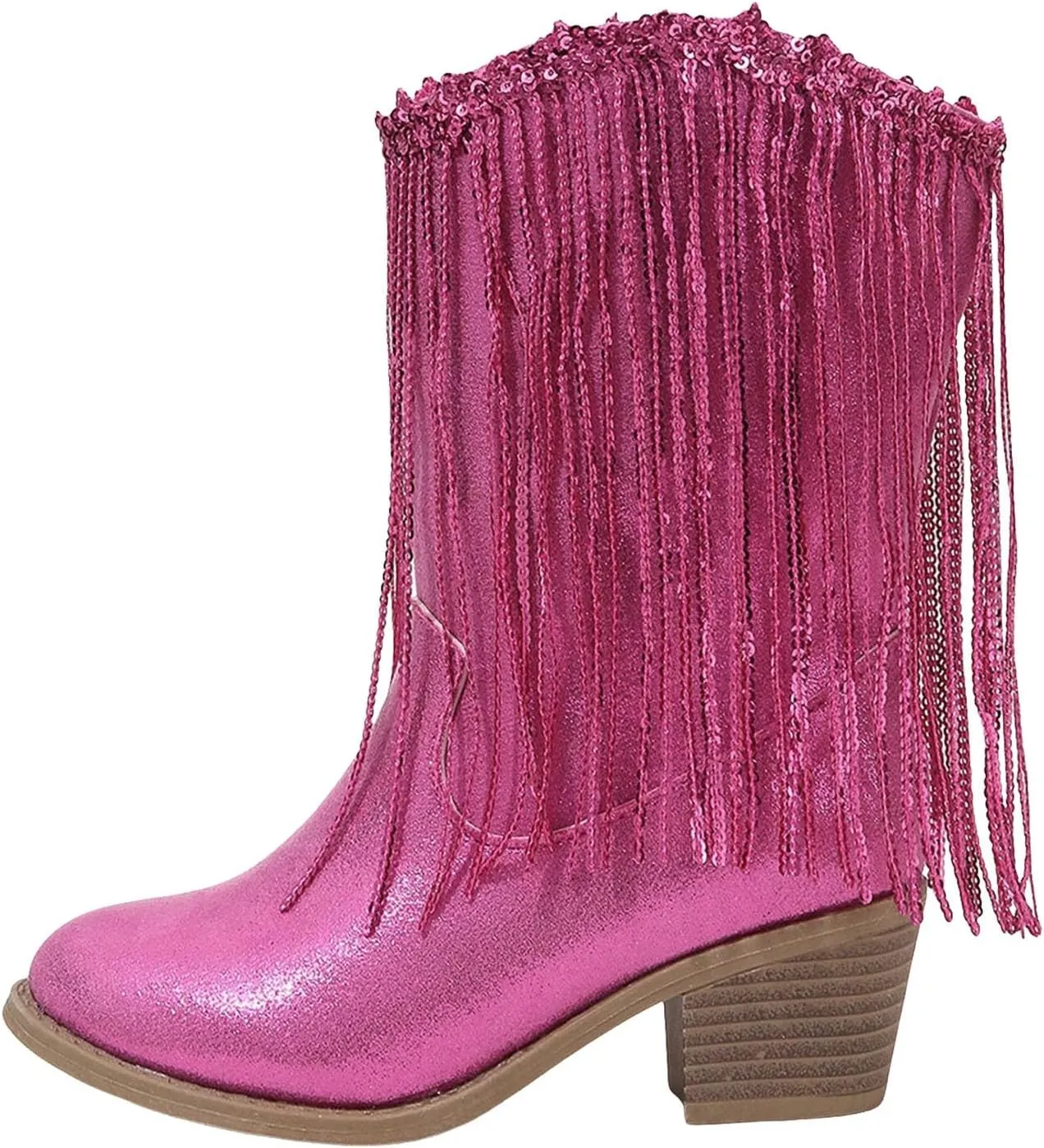 Girls Cowboy Boots Leather Riding Shoes Kids Fashion Mid Calf Sparkly Sequins Tassel Western Cowboy Boots with Heel