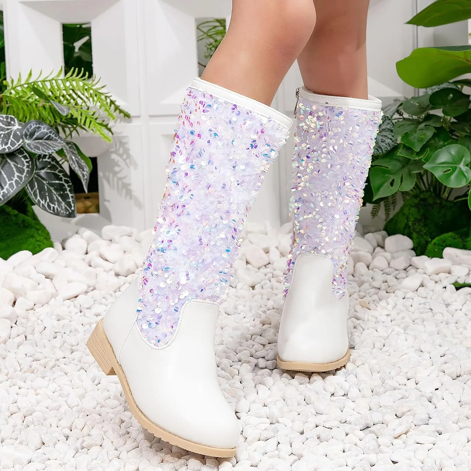 Girls Cowgirl Boots Kids Glitter Knee High Boots Round Toe Cowboy Boots Comfy Riding Boots Party Birthday Dance Shoes