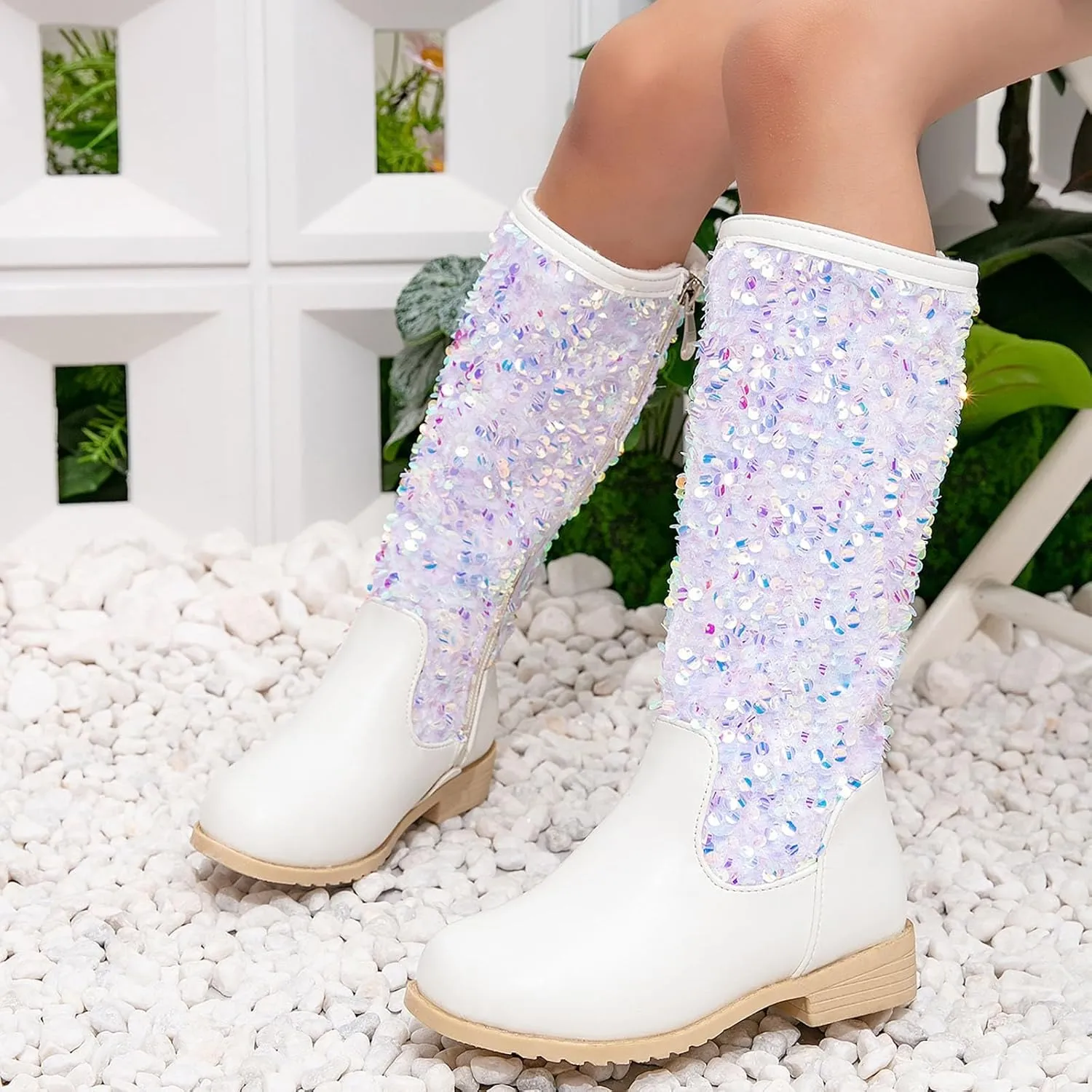 Girls Cowgirl Boots Kids Glitter Knee High Boots Round Toe Cowboy Boots Comfy Riding Boots Party Birthday Dance Shoes