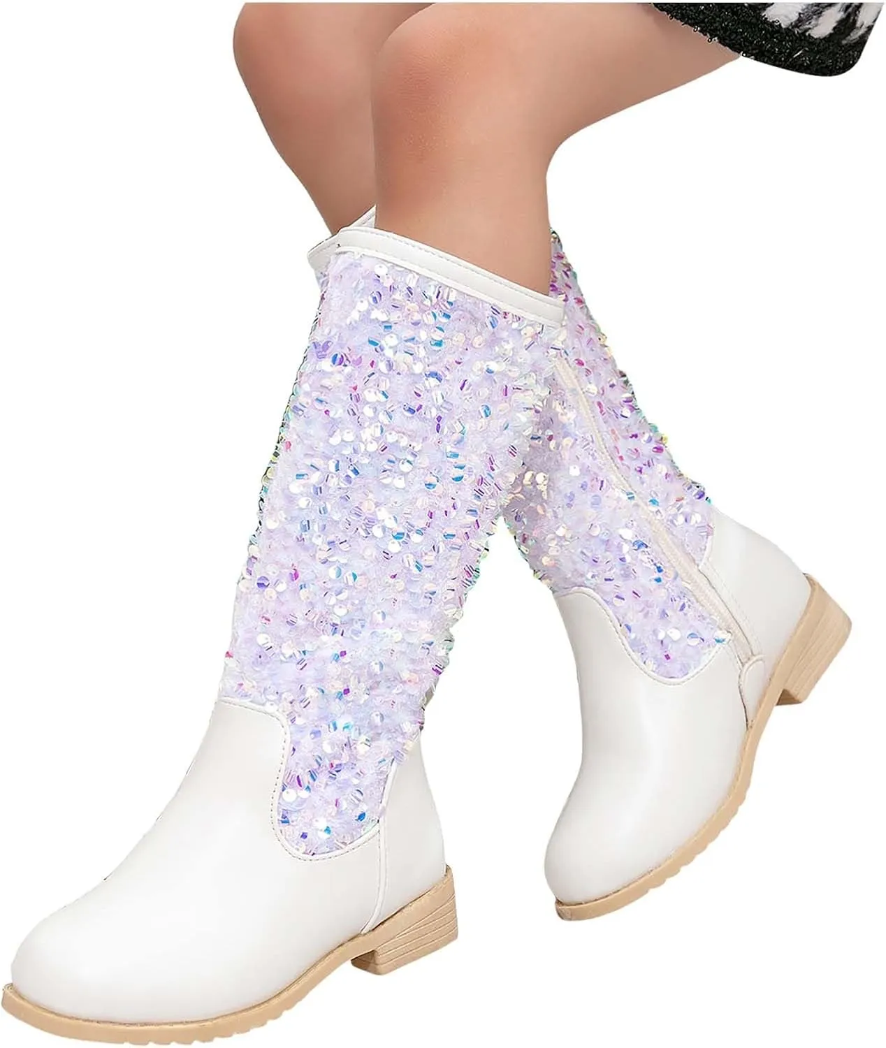 Girls Cowgirl Boots Kids Glitter Knee High Boots Round Toe Cowboy Boots Comfy Riding Boots Party Birthday Dance Shoes
