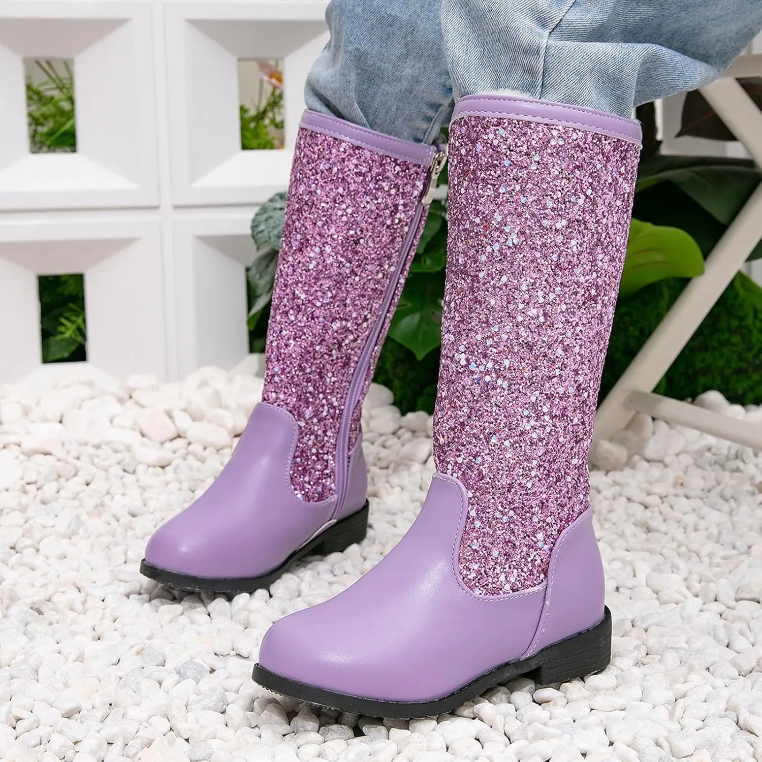 Girls Cowgirl Boots Mid Calf Square Toe Western Boot for Kids Sparkly Glitter Cowboy Boots Toddler Girls Riding Shoes