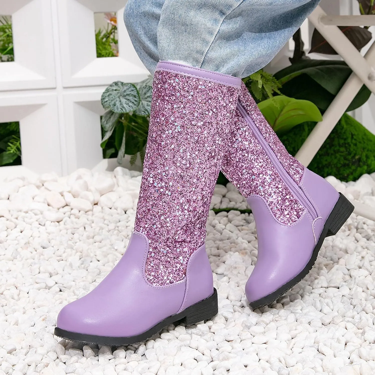Girls Cowgirl Boots Mid Calf Square Toe Western Boot for Kids Sparkly Glitter Cowboy Boots Toddler Girls Riding Shoes