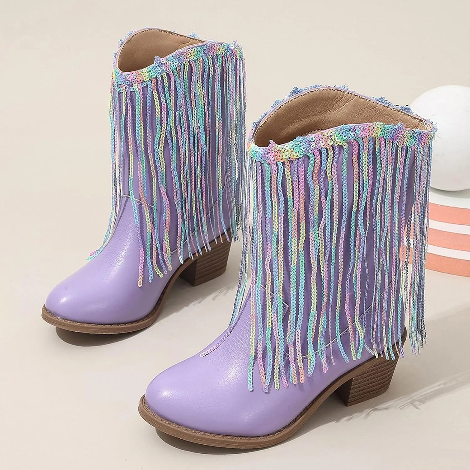 Girls Cowgirl Boots with Tassel Kids Sparkly Leather Western Cowboy Boots Mid Calf Sequins Riding Shoes Casual Boot