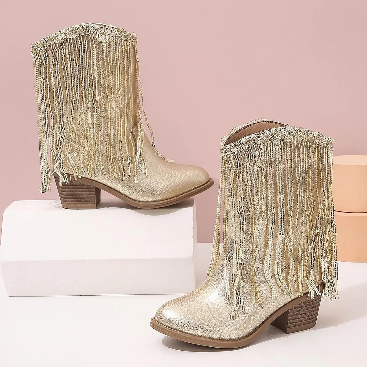Girls Cowgirl Boots with Tassel Kids Sparkly Leather Western Cowboy Boots Mid Calf Sequins Riding Shoes Casual Boot