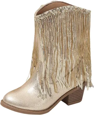 Girls Cowgirl Boots with Tassel Kids Sparkly Leather Western Cowboy Boots Mid Calf Sequins Riding Shoes Casual Boot