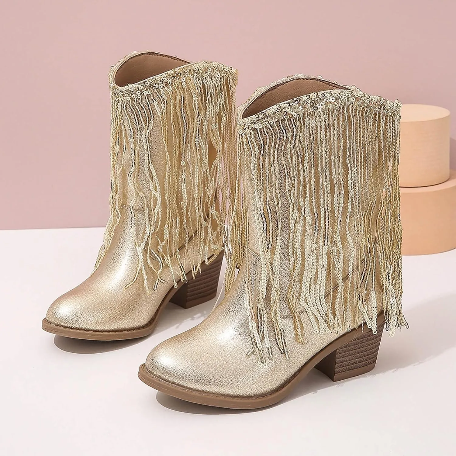 Girls Cowgirl Boots with Tassel Kids Sparkly Leather Western Cowboy Boots Mid Calf Sequins Riding Shoes Casual Boot