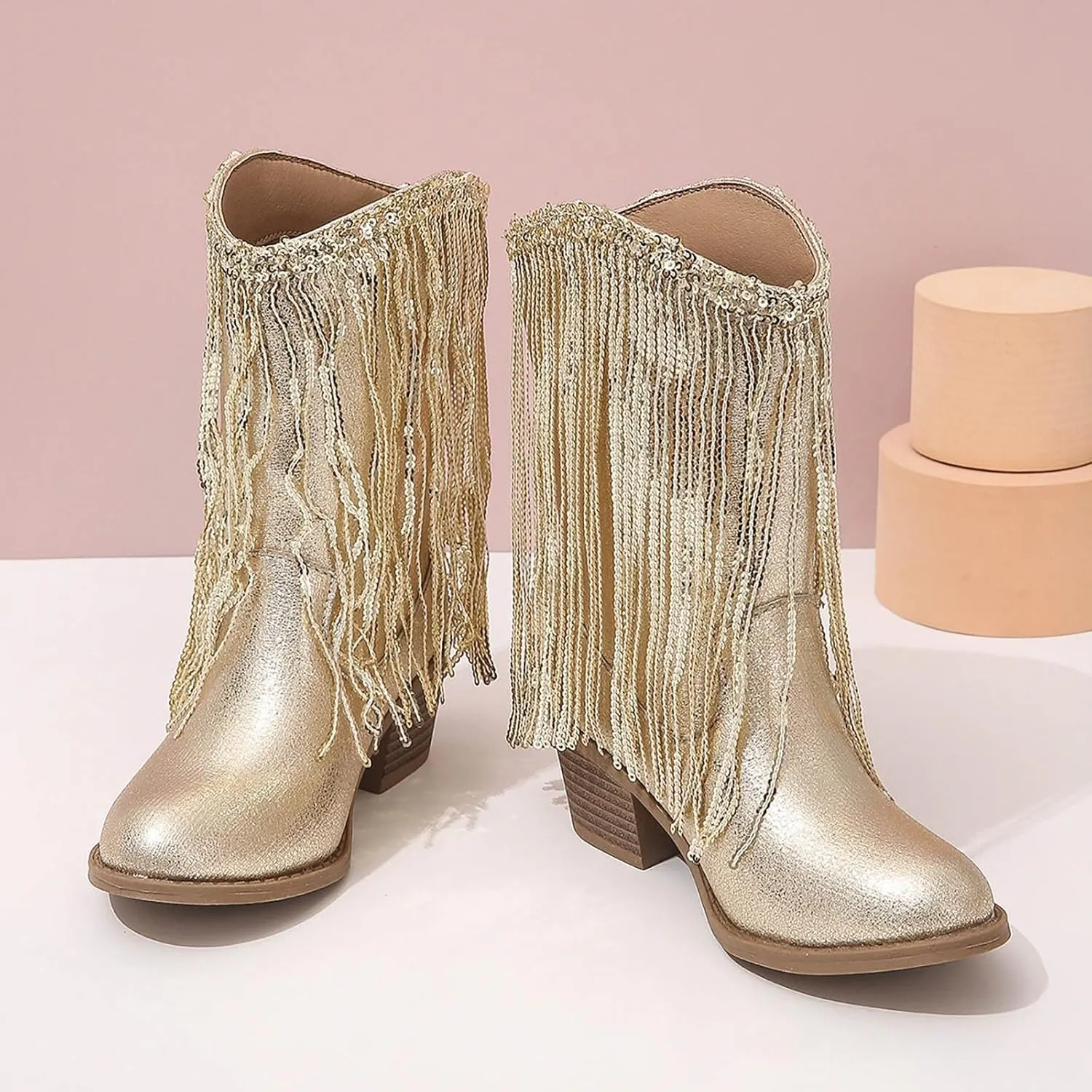Girls Cowgirl Boots with Tassel Kids Sparkly Leather Western Cowboy Boots Mid Calf Sequins Riding Shoes Casual Boot