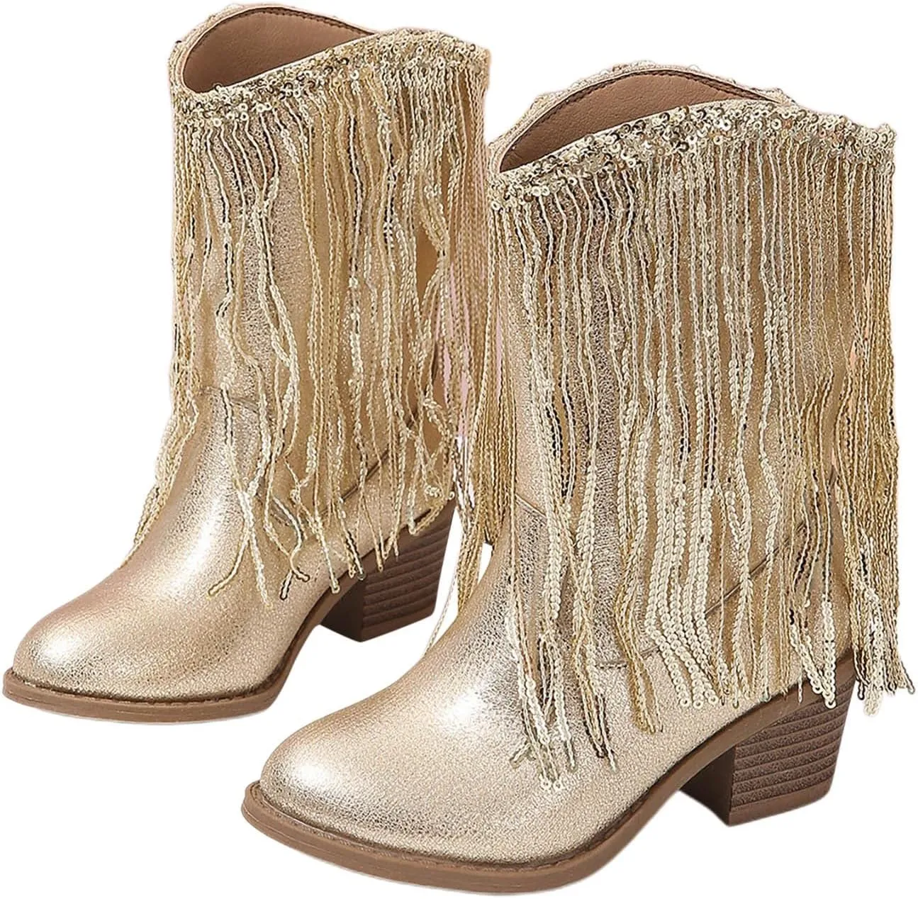 Girls Cowgirl Boots with Tassel Kids Sparkly Leather Western Cowboy Boots Mid Calf Sequins Riding Shoes Casual Boot