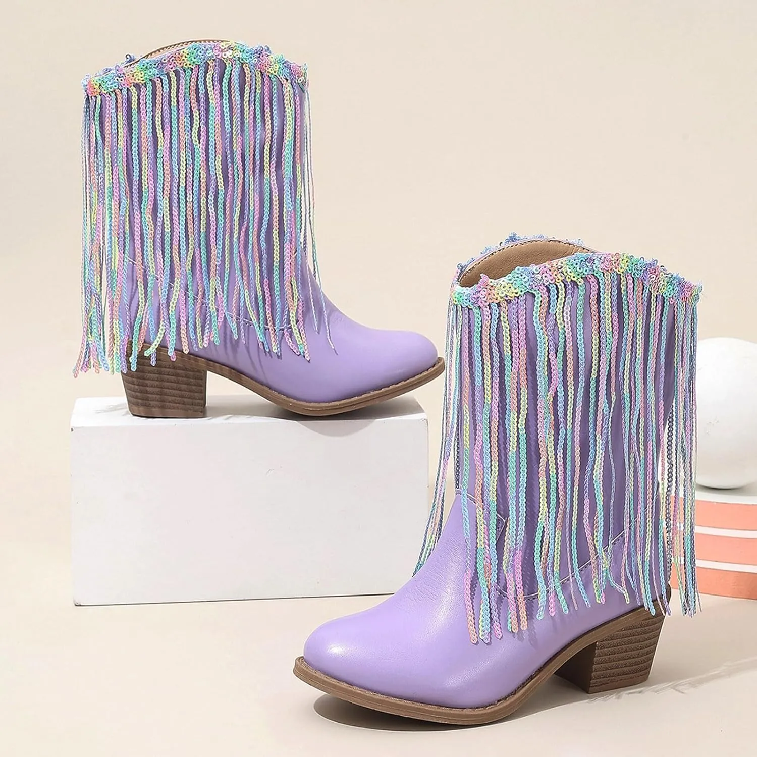 Girls Cowgirl Boots with Tassel Kids Sparkly Leather Western Cowboy Boots Mid Calf Sequins Riding Shoes Casual Boot