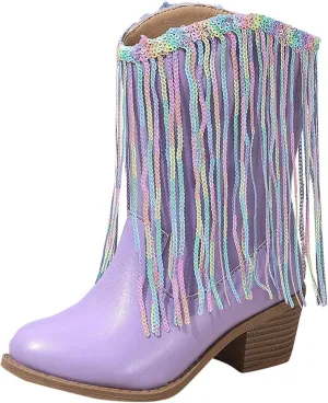 Girls Cowgirl Boots with Tassel Kids Sparkly Leather Western Cowboy Boots Mid Calf Sequins Riding Shoes Casual Boot