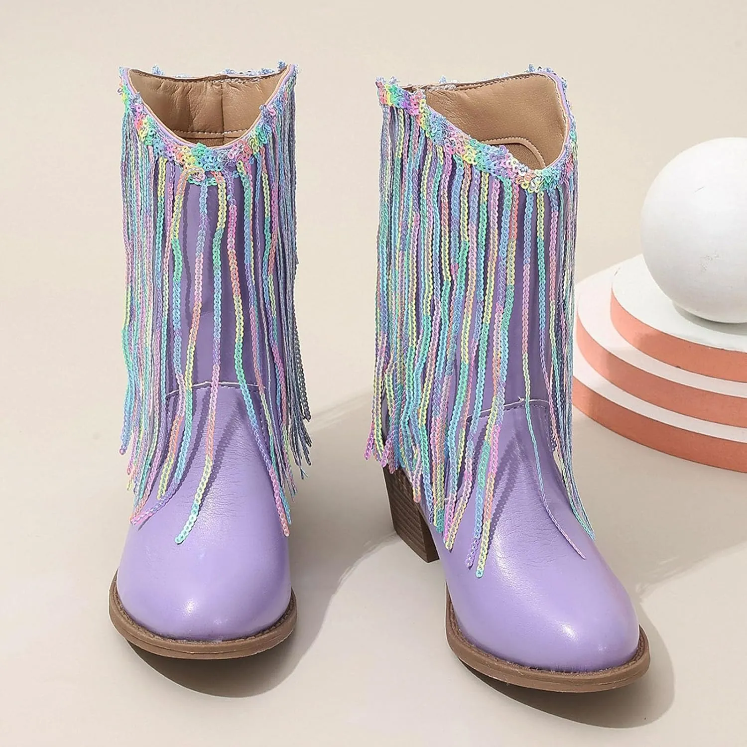 Girls Cowgirl Boots with Tassel Kids Sparkly Leather Western Cowboy Boots Mid Calf Sequins Riding Shoes Casual Boot