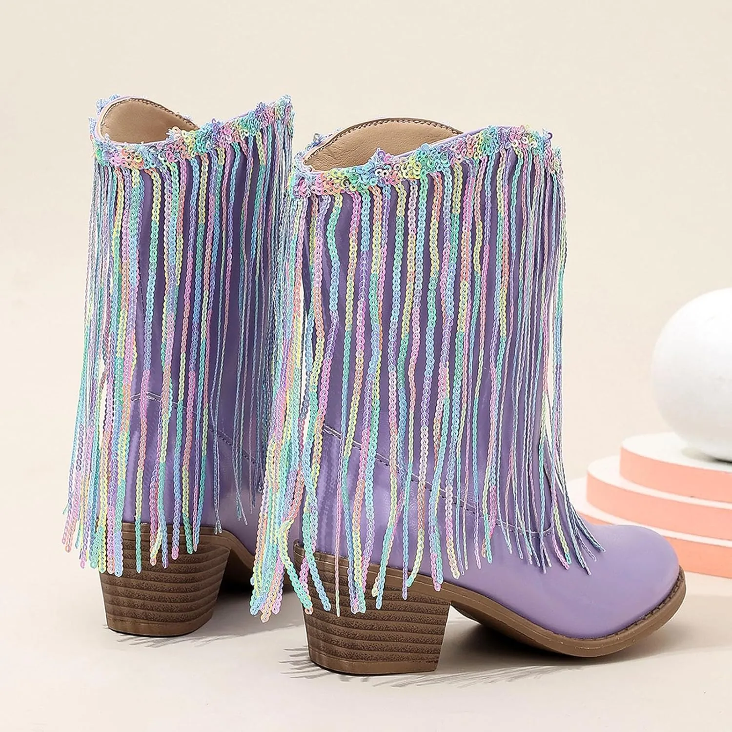 Girls Cowgirl Boots with Tassel Kids Sparkly Leather Western Cowboy Boots Mid Calf Sequins Riding Shoes Casual Boot