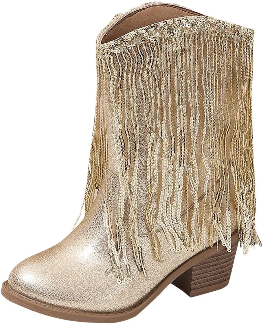 Girls Cowgirl Boots with Tassel Kids Sparkly Leather Western Cowboy Boots Mid Calf Sequins Riding Shoes Casual Boot