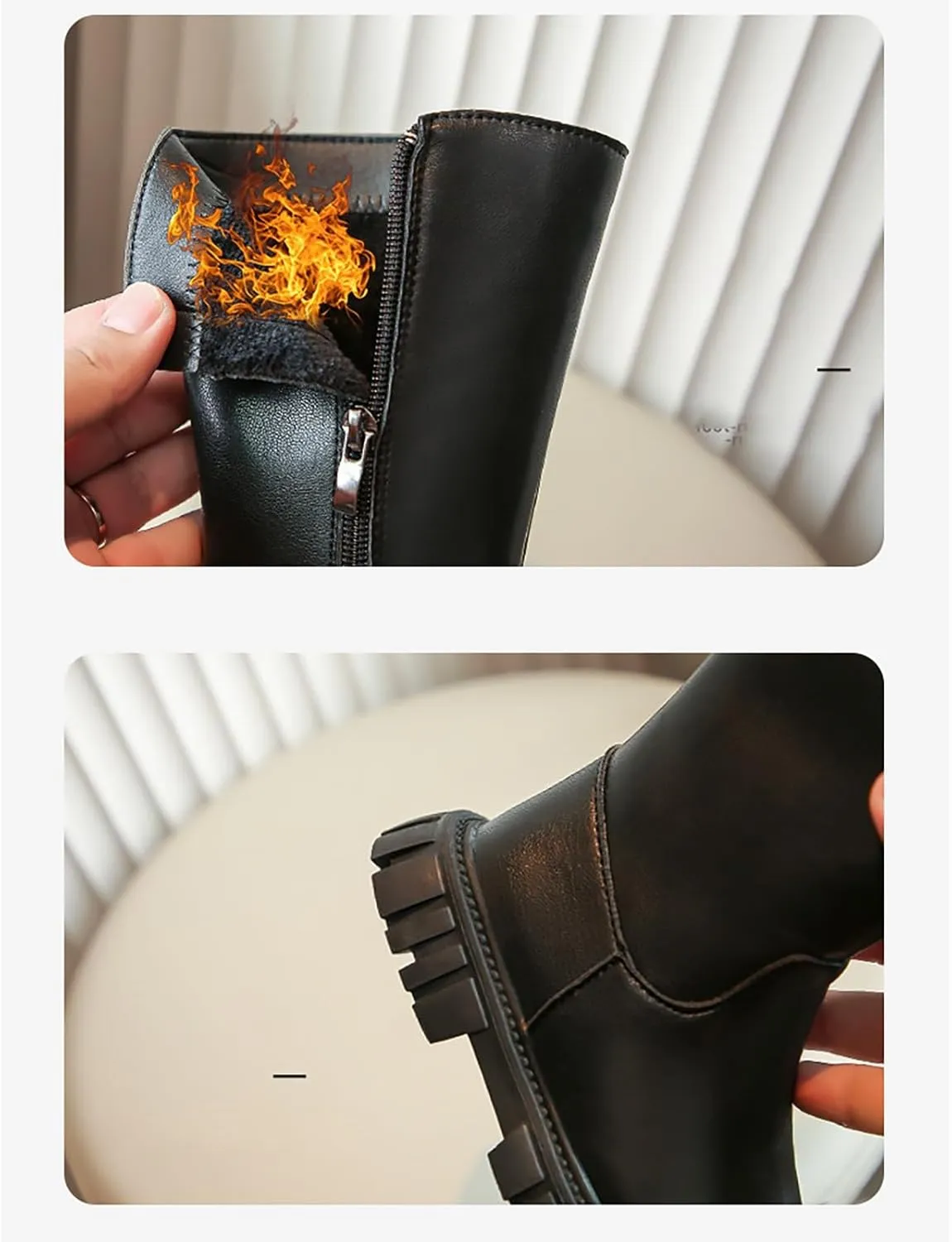 Girls Fleece Lined Winter Leather Non-Slip Snow Boots Side Zipper Knee High Boot Bowknot Chunky Heel Boot