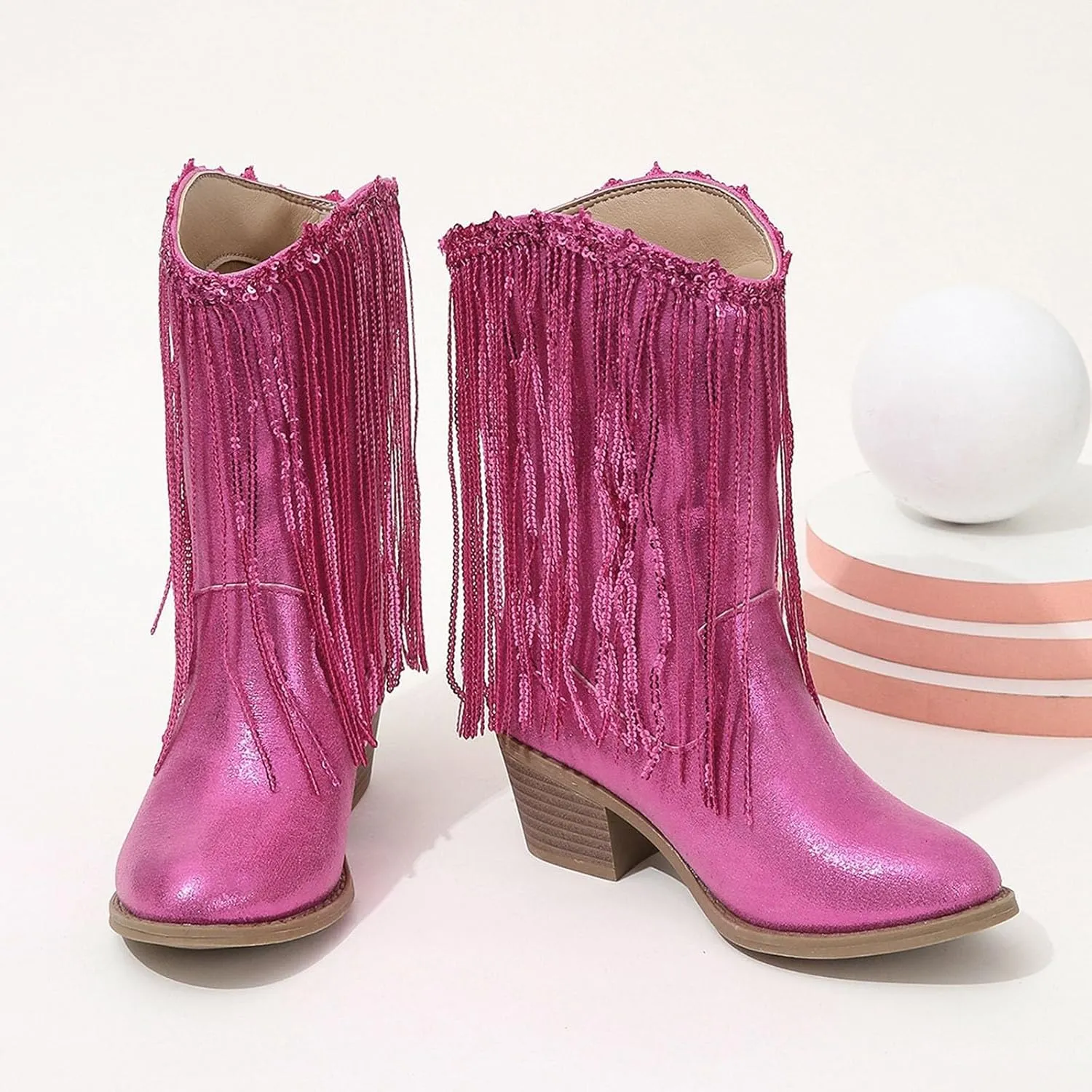 Girls Winter Low Heels Princess Boots Leather Cowboy Boots Tassel Sequin Mid Calf Riding Shoes Waterproof Comfy Ankle Boots